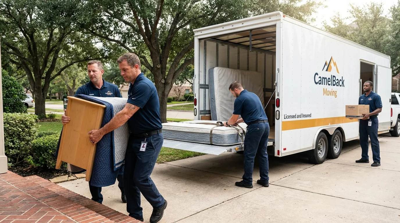 Crew loading residential truck for cross-state move from Portales, NM