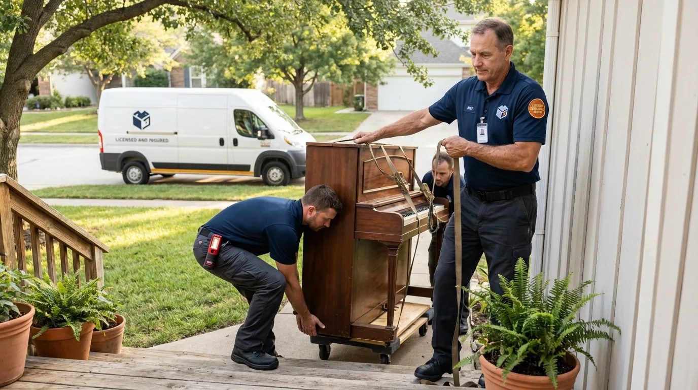 Licensed piano movers securing grand piano in Portales, NM
