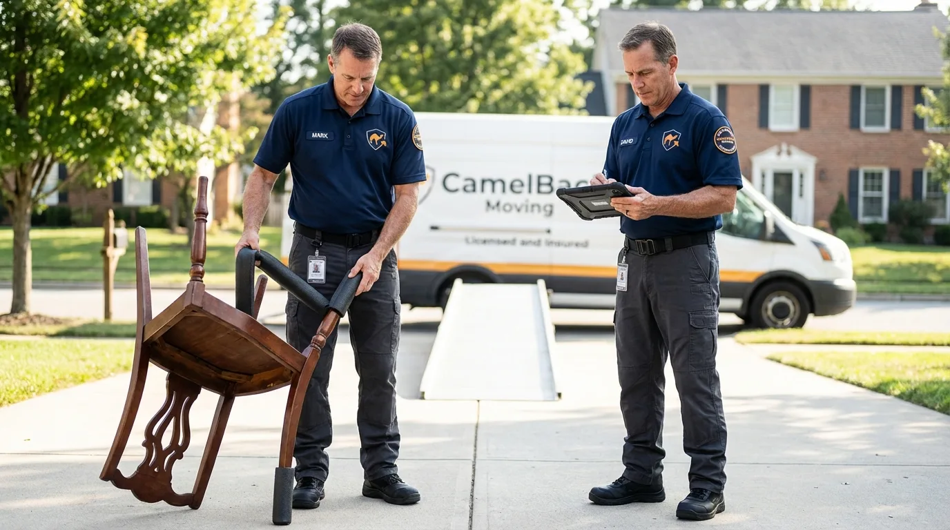 Movers inspecting furniture for damage prevention before loading in Portales, NM