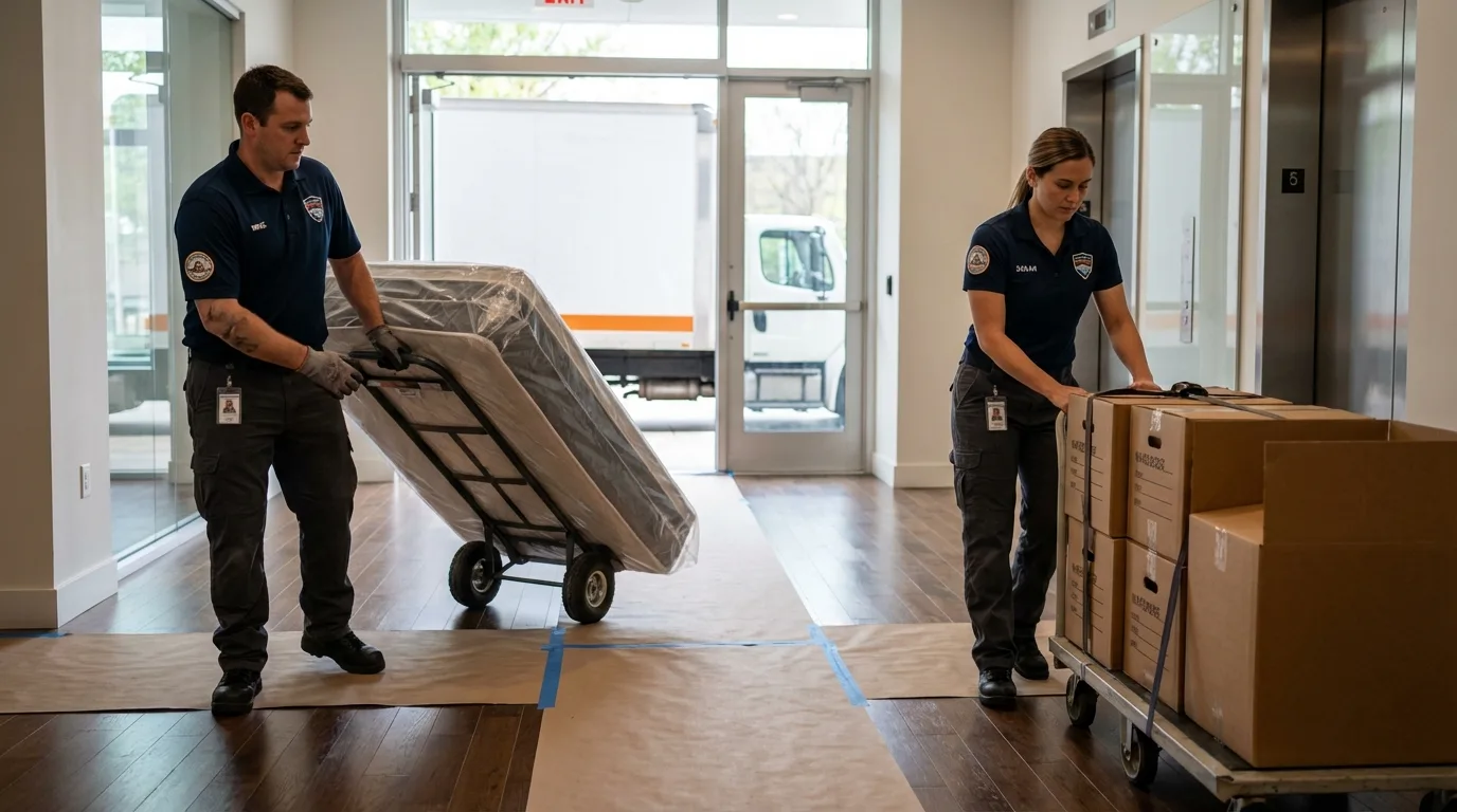 Professional apartment movers loading elevator in Portales, NM