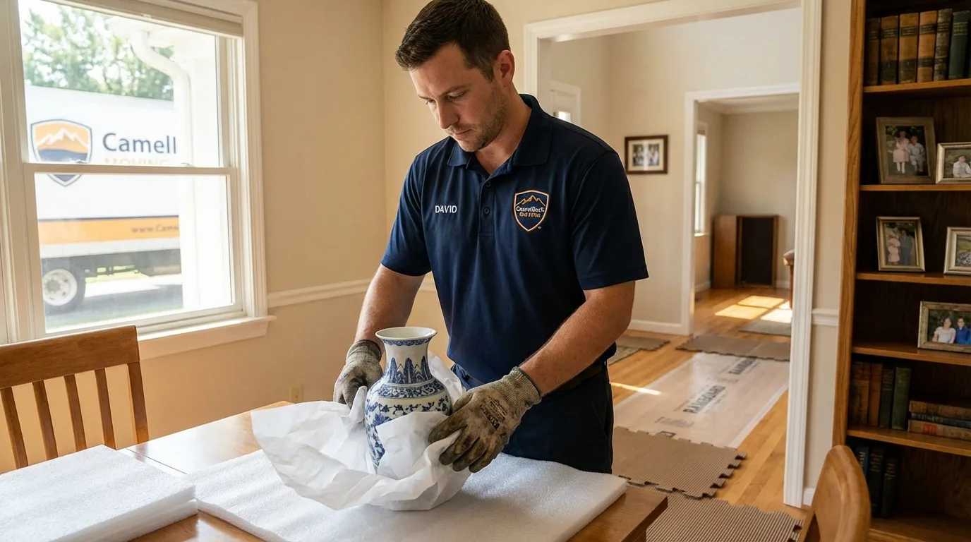 Professional crew carefully wrapping antique vase for senior downsizing move in Portales, NM