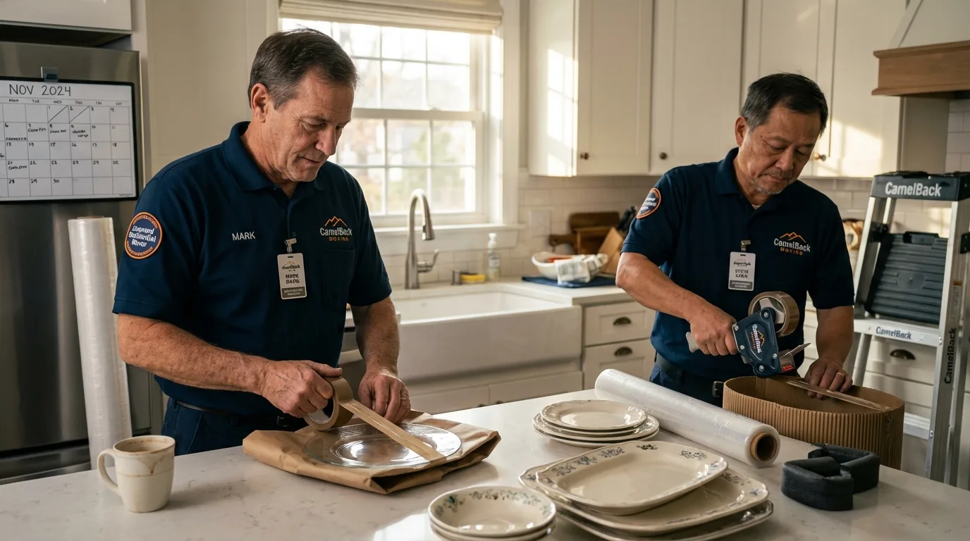 Professional crew packing kitchen dishware in Portales, NM